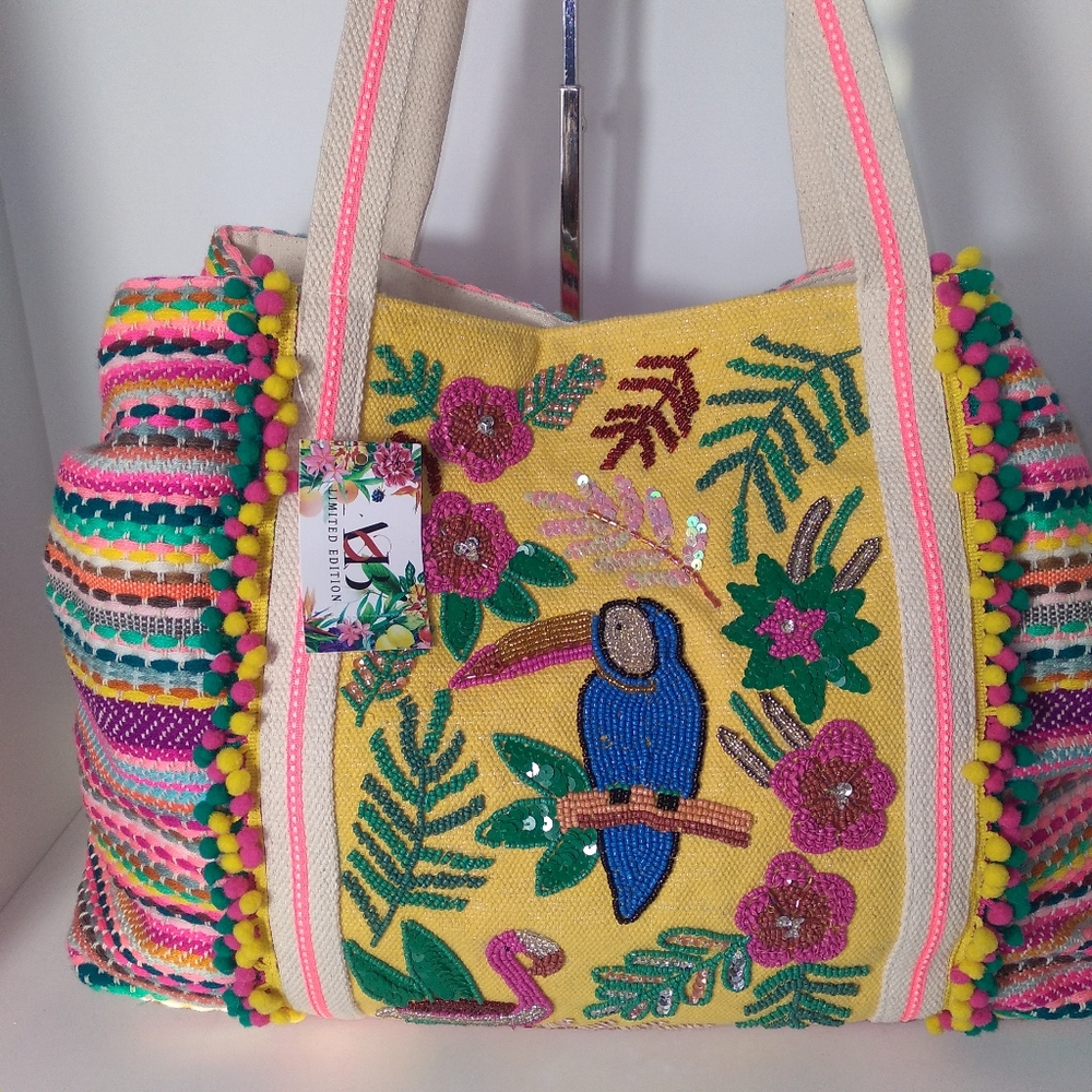 AMERICA AND BEYOND Colorful Tropical Beard Beaded Embroidered Tote Bag - Picture 4 of 10